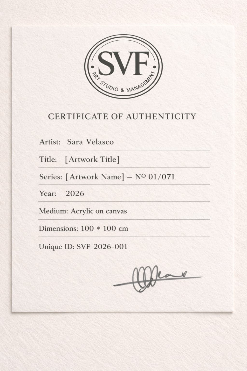 Certificate of Authenticity — SVF Art Studios & Management